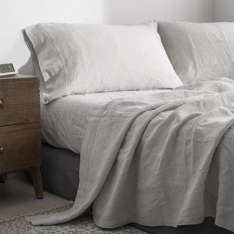 Simple&Opulence 100% Pure Linen Sheet Set Full Size, Natural French Flax Solid Color 4 Pcs Washed Breathable, Farmhouse Bedding (1 Flat Sheet,1 Fitted Sheet,2 Pillowcases)-Embroidery Grey - Image 1